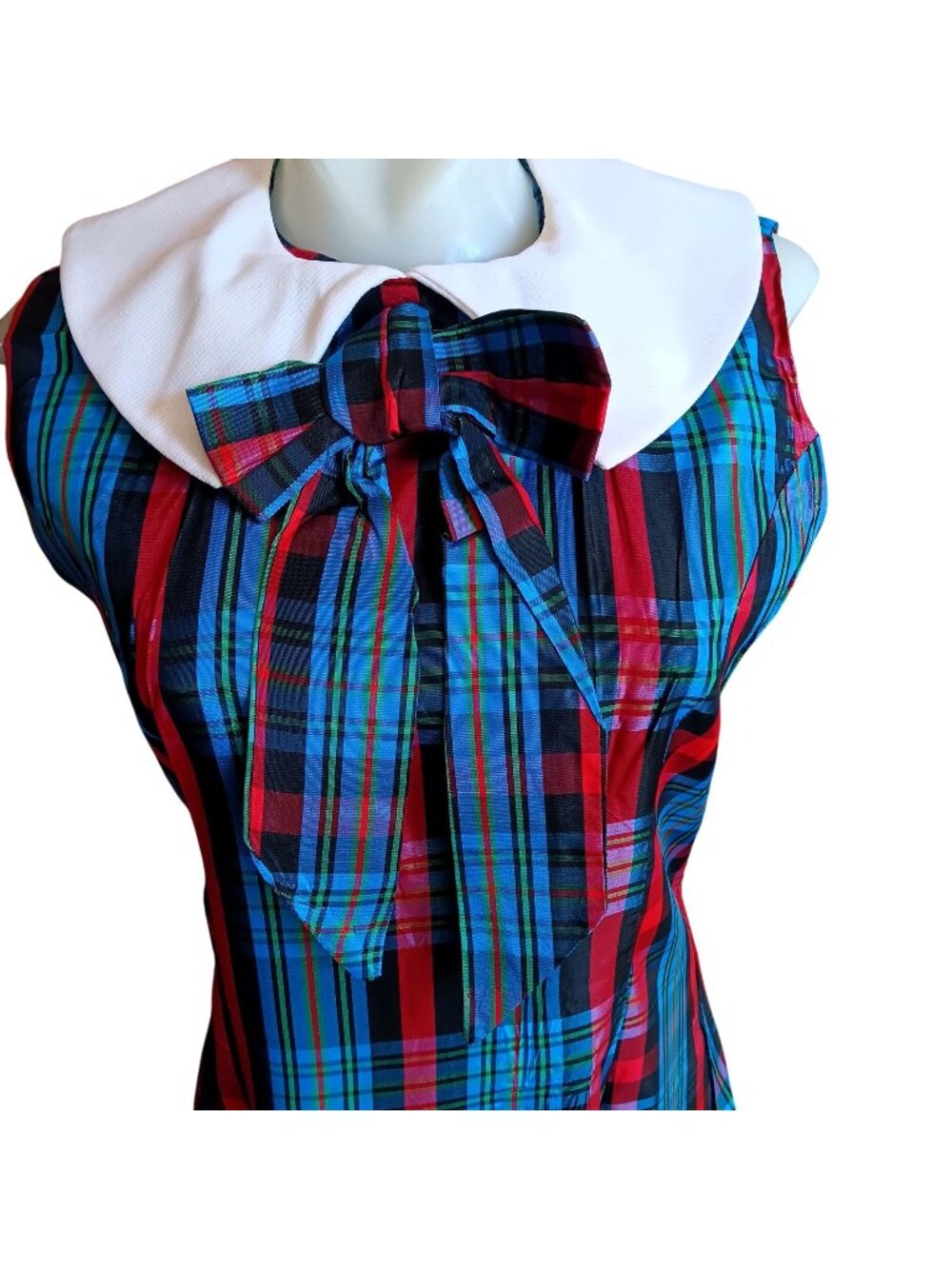 True Vintage Dress 11 1960's Plaid Sleeveless Maxi Pilgrim Collar Bow USA